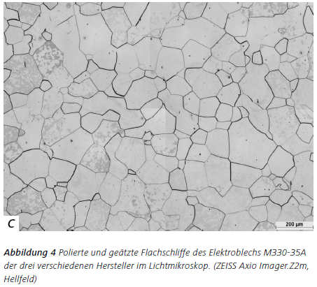 Abbildung 4 Polierte und geätzte Flachschliffe des Elektroblechs M330-35A der drei verschiedenen Hersteller im Lichtmikroskop. (ZEISS Axio Imager.Z2m, Hellfeld)